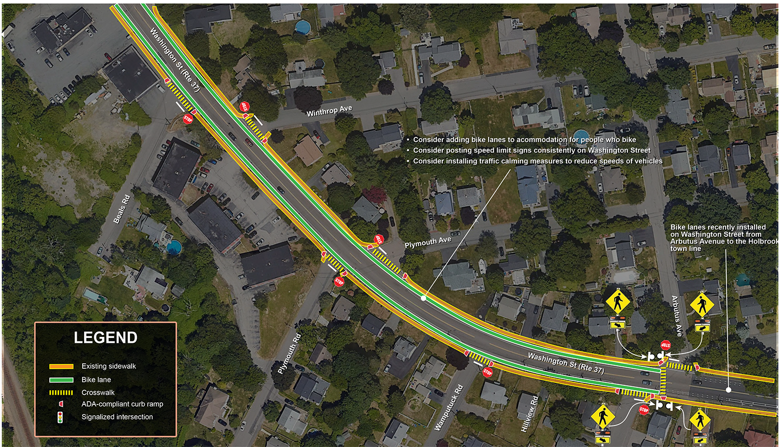 Figure 25 is an aerial photo showing the proposed improvements at Washington Street and Arbutus Avenue intersection.